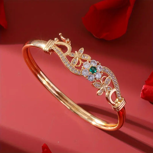 EEEM™ 18K Gold Plated Stainless Steel Bangle with Butterfly Design and Rhinestone Embellishments